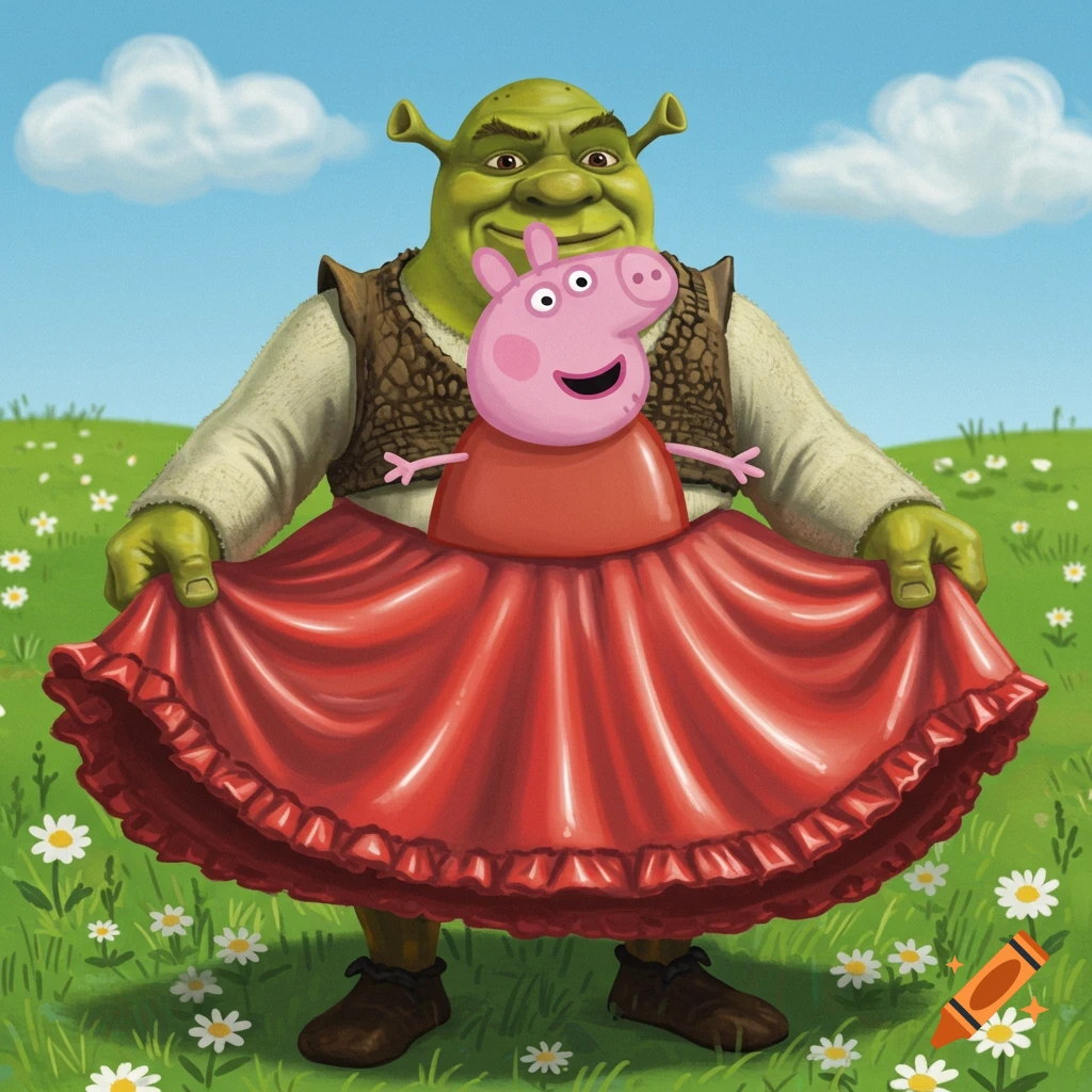 Shrek holding a red ruffled dress while Peppa Pig appears to wear it, standing in a sunny, grassy field with daisies. Cartoon illustration.