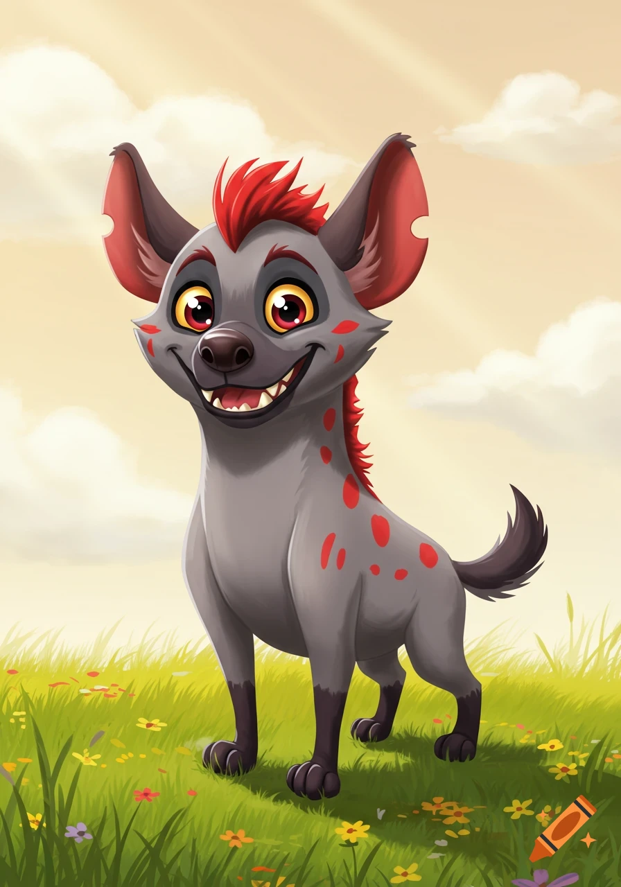 A cartoon gray hyena with red hair and spots smiles in a green grassy field under a cloudy sky.