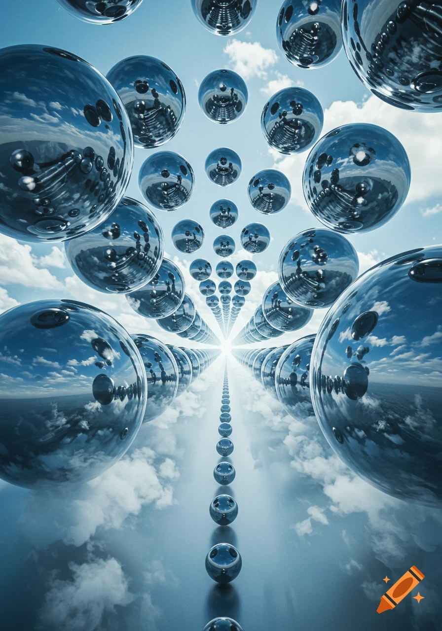 Polished steel spheres reflecting a cloudy sky, forming a tunnel that recedes into infinity.