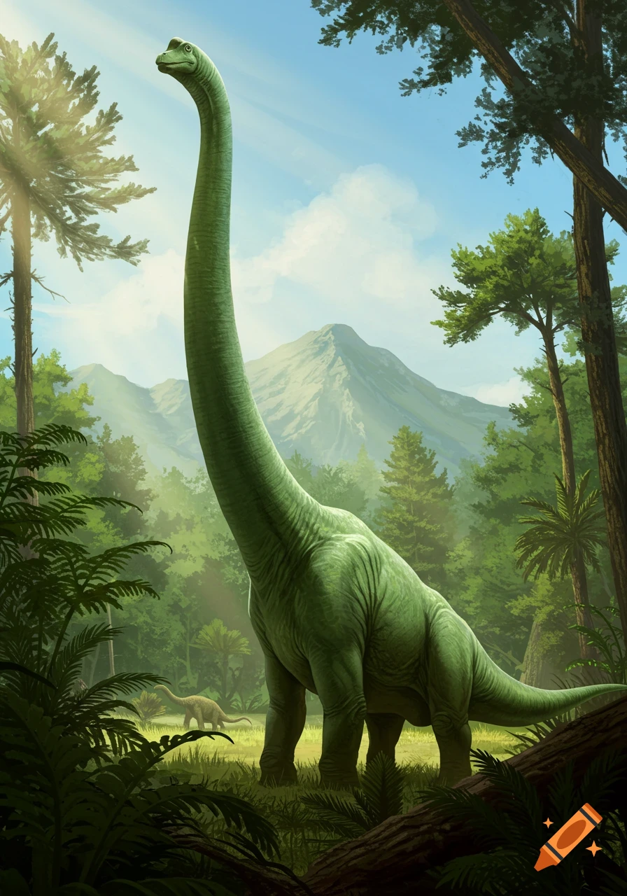 A large green Brachiosaurus stands in a sunny, lush prehistoric jungle with mountains in the background, another dinosaur in the distance.