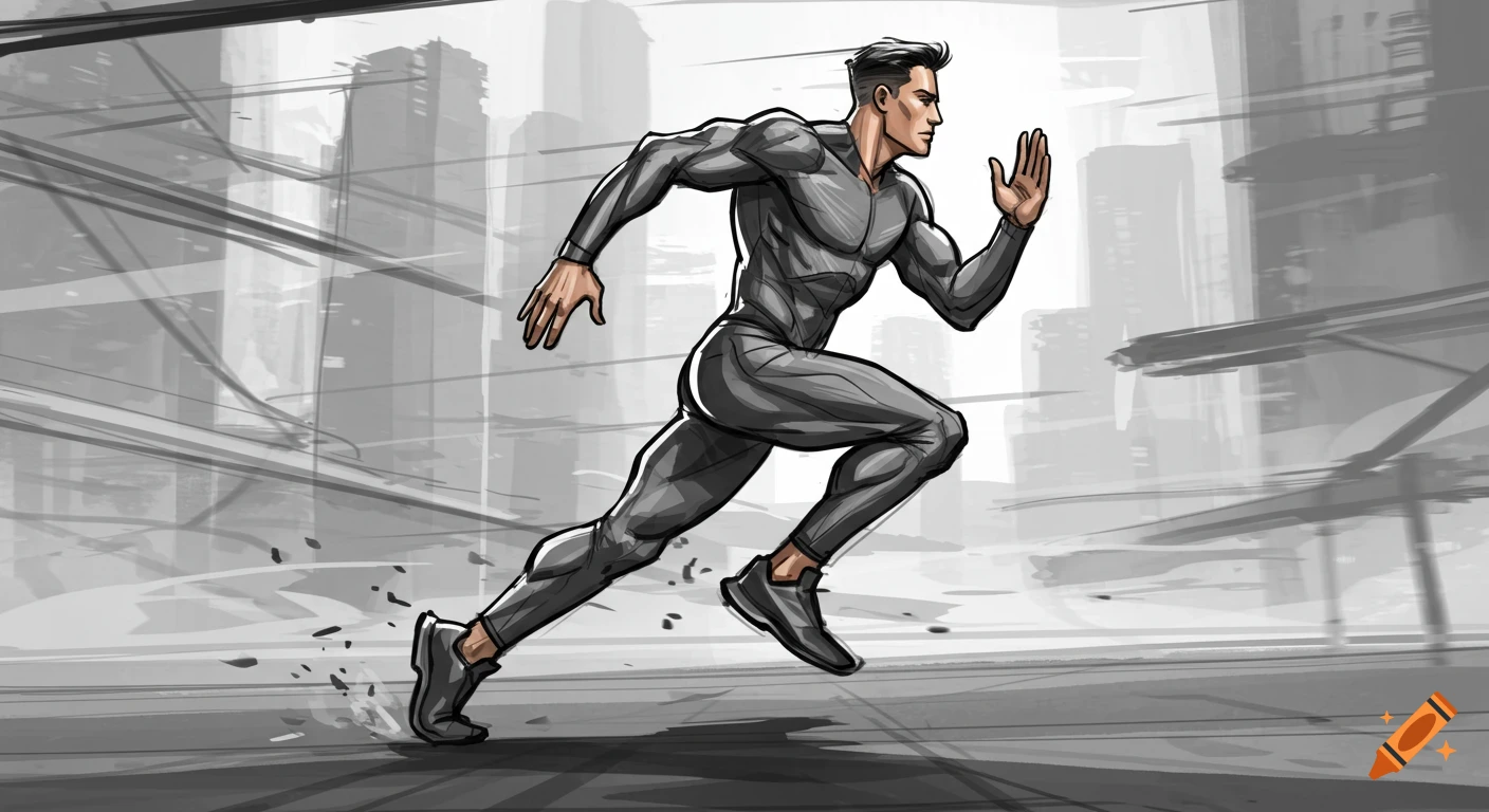 A man in a gray suit runs quickly against a blurred city background in a dynamic storyboard art style.