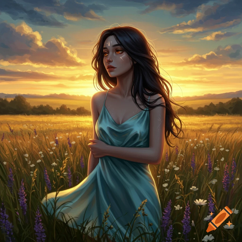 A dark-haired woman with glowing eyes and facial markings stands in a field of wildflowers at sunset in an illustrative style.