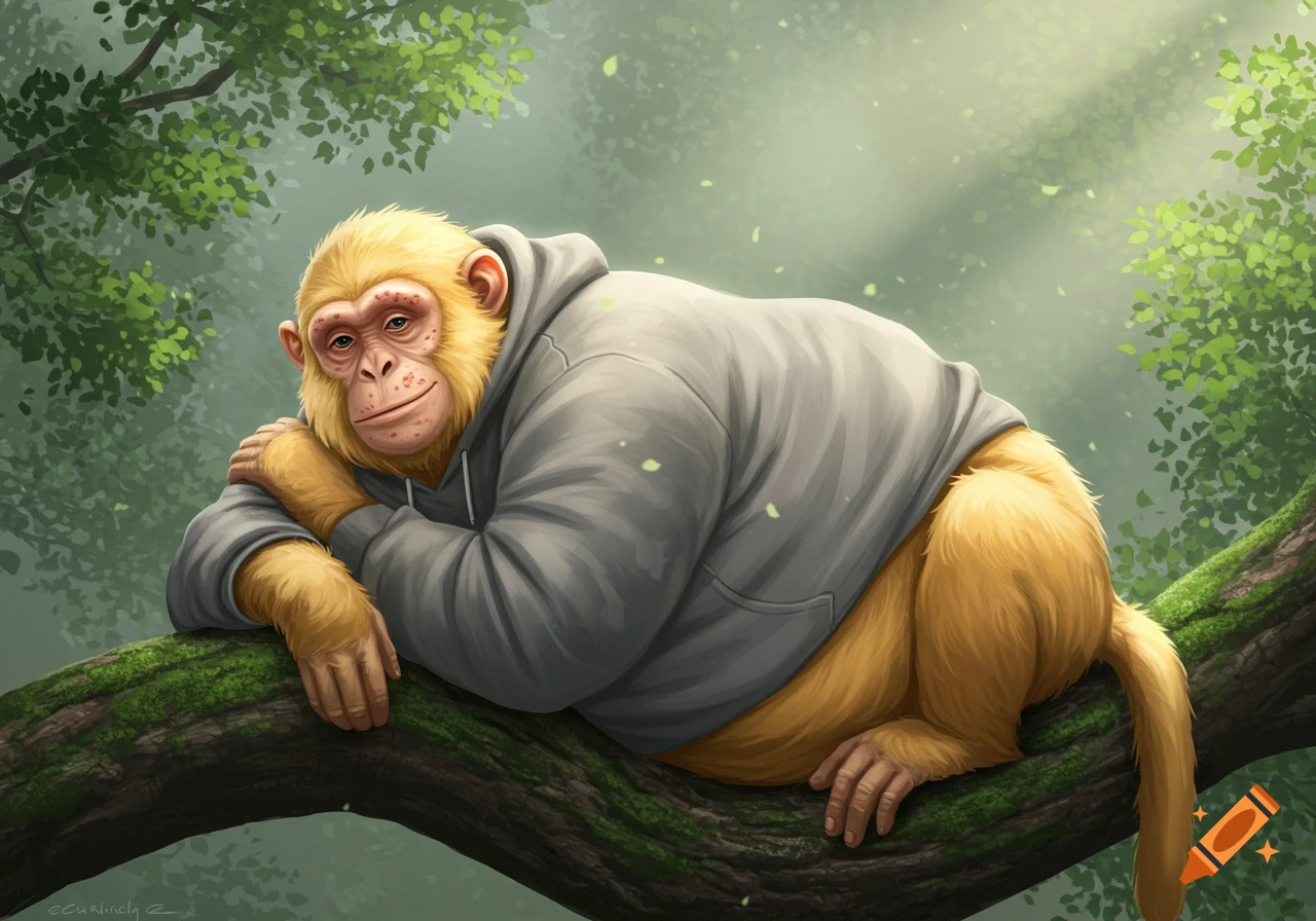 A fat, blonde monkey with acne wears a gray hoodie, lounging on a mossy tree branch in a lush forest with sunlight.