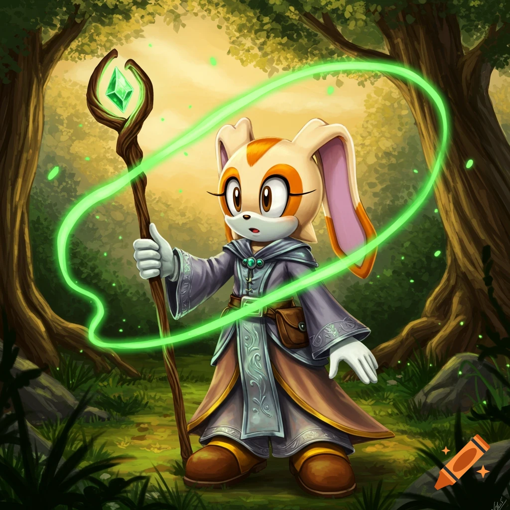 Cream the Rabbit as a mage holding a staff with a glowing green gem, casting a green spell in a lush forest.