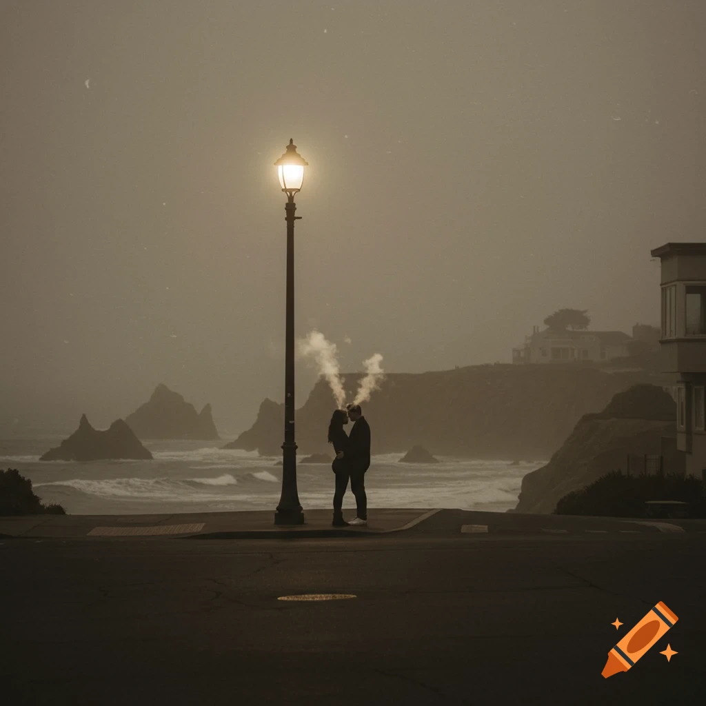 Silhouetted lovers embrace under a glowing streetlight by a misty ocean with rocky shores, in a moody, retro film style.