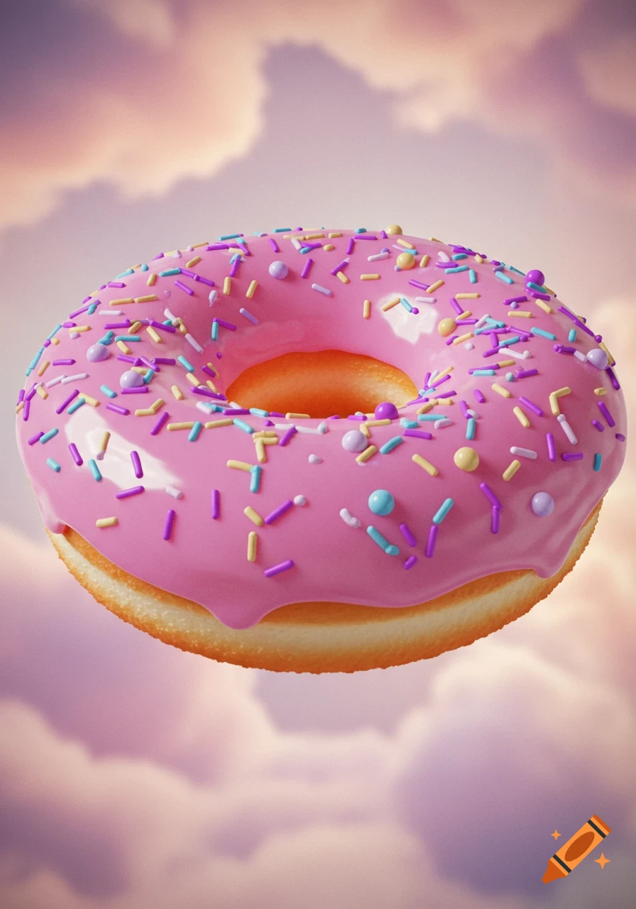 A photorealistic pink-glazed donut with colorful sprinkles floats against a soft, pastel, cloudy sky.