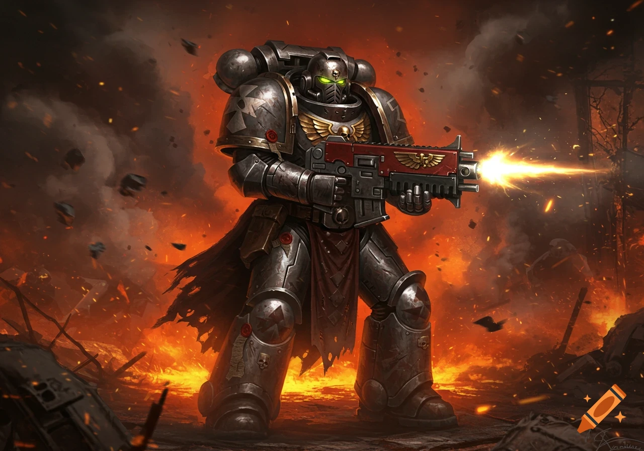 A heavily armored Space Marine fires a gun amidst a fiery, war-torn battlefield under a dark sky, in a detailed digital painting style.