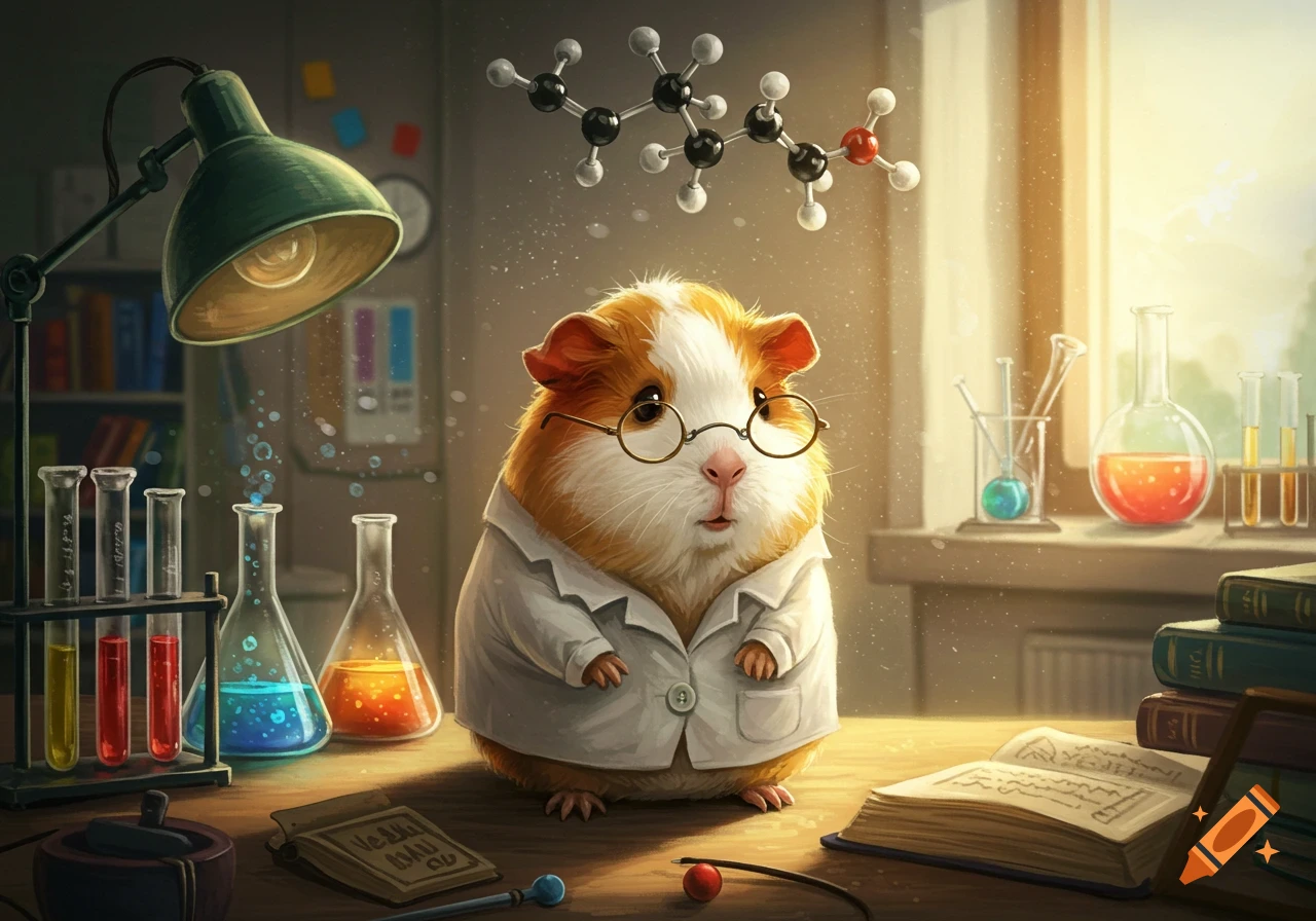 A cute guinea pig wearing round glasses and a lab coat sits at a desk in a science lab with beakers and a molecular model.
