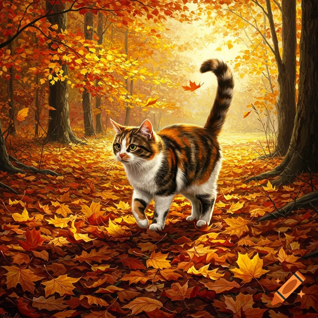 A calico cat walks on a bed of vibrant orange and yellow autumn leaves in a forest digital painting.