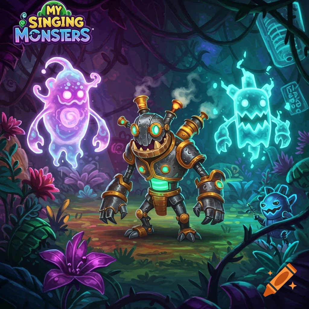 Vibrant cartoon: a mechanical monster and two glowing ghost-like monsters in a dark, luminous jungle. 'MY SINGING MONSTERS' logo.