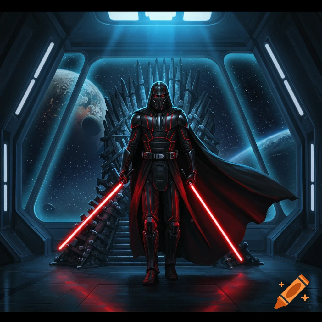 A dark lord in black armor with red glowing lines and a cape stands in a sci-fi throne room, holding two red lightsabers. Planets and stars are visible through the windows.