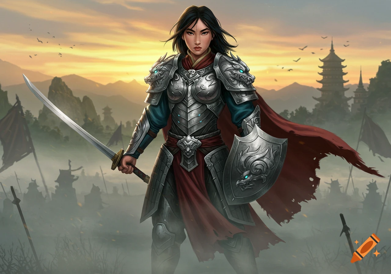 A female warrior in ornate silver armor, holding a katana and shield, stands on a misty battlefield with pagodas at sunset.