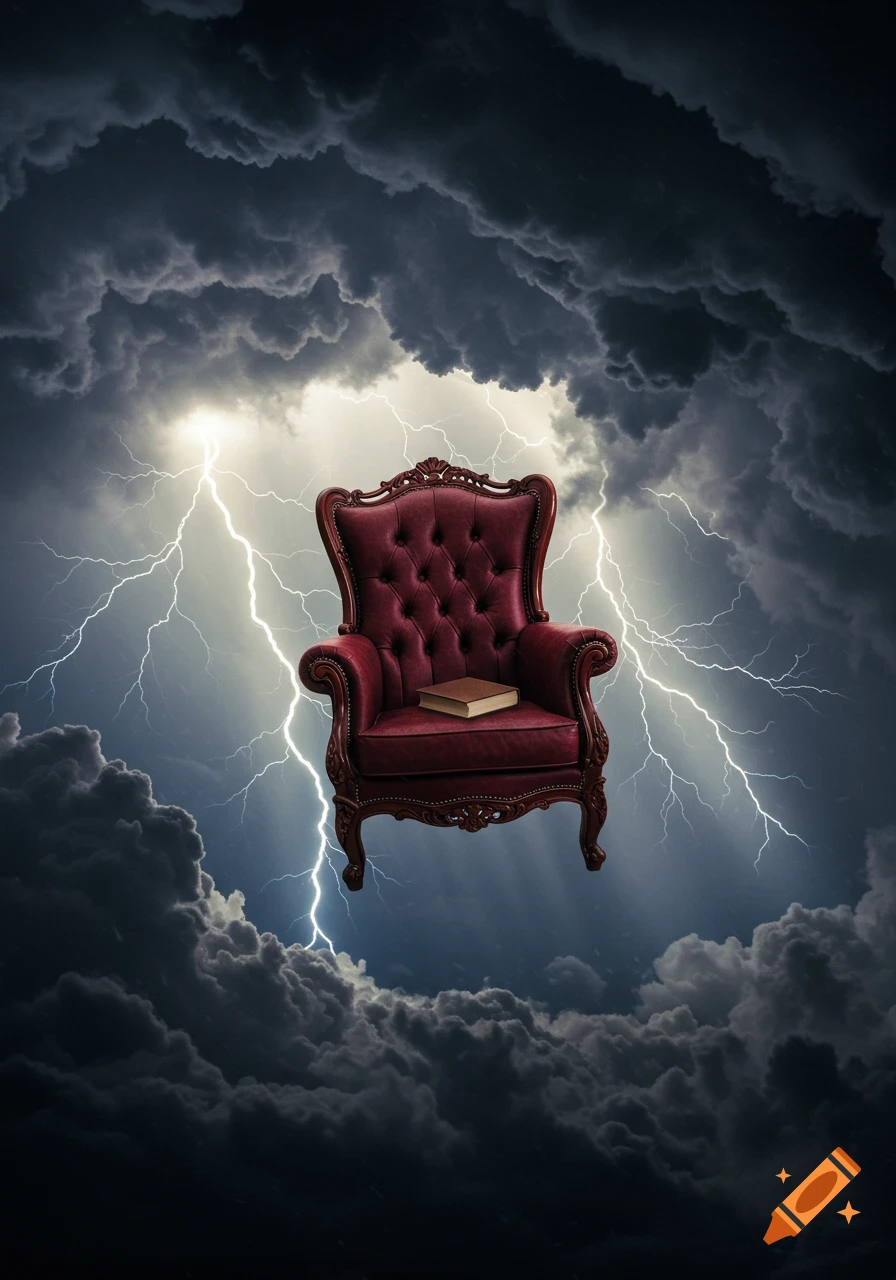 A grand red velvet armchair with a book on its seat floats amidst dark storm clouds and bright lightning.