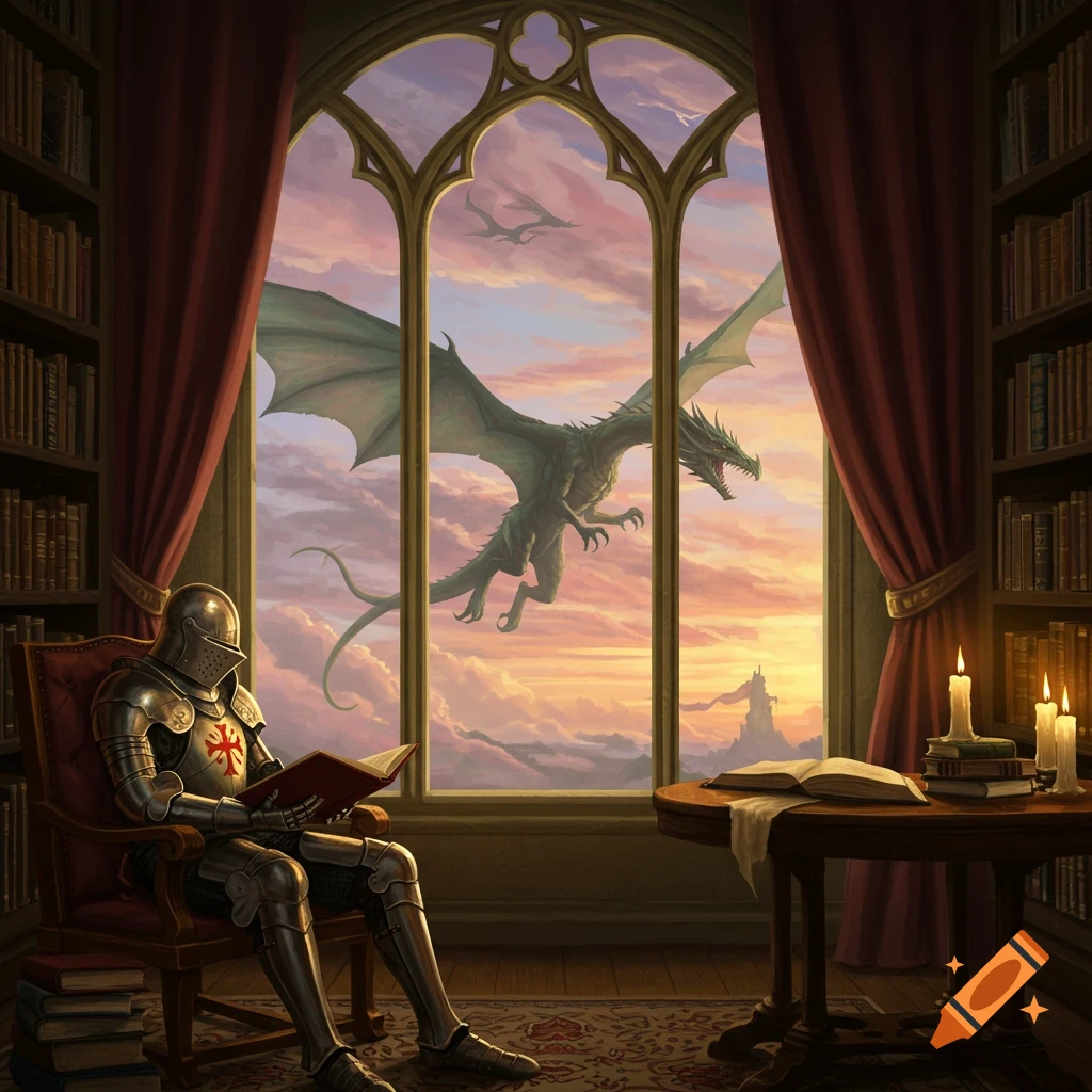 A knight reads a book in a castle library as dragons fly through a sunset sky outside a gothic window.