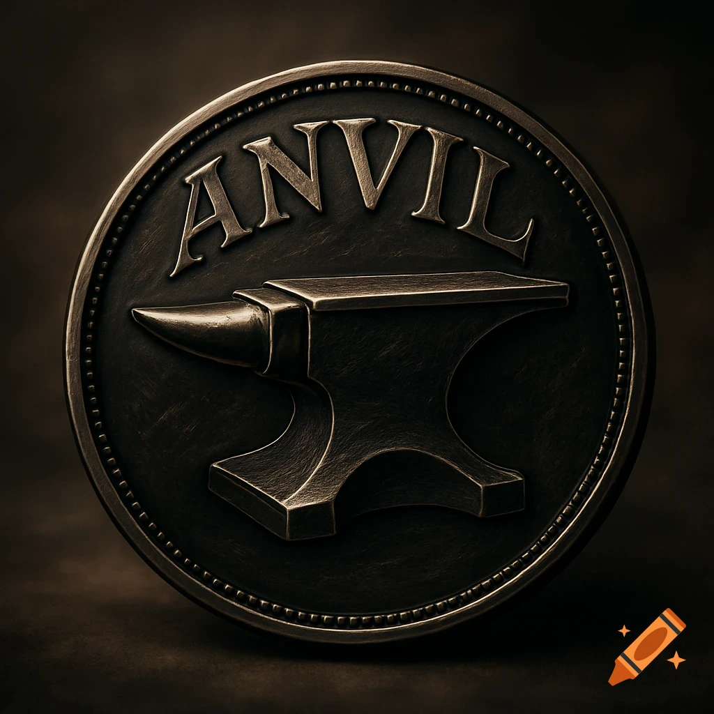 A dark metallic coin-like emblem with an embossed anvil and the word ANVIL above it.