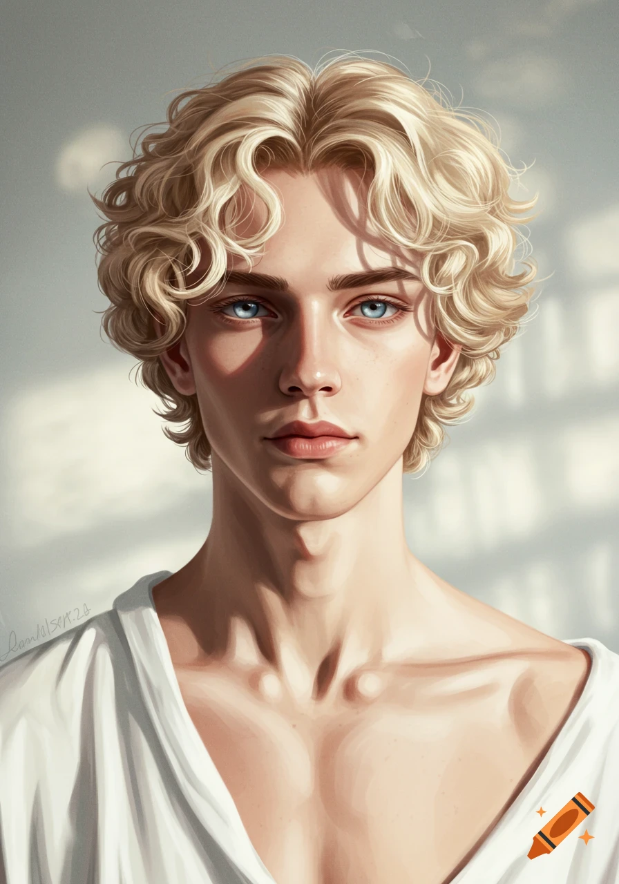 A beautiful young man with curly blond hair and pale blue eyes wears a white shirt, bathed in sunlight. Portrait art.