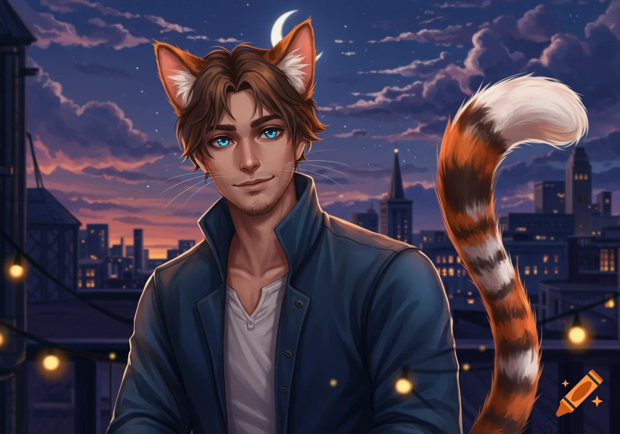 Digital art of a man with cat ears, whiskers, and a striped tail, smiling on a city rooftop at sunset.