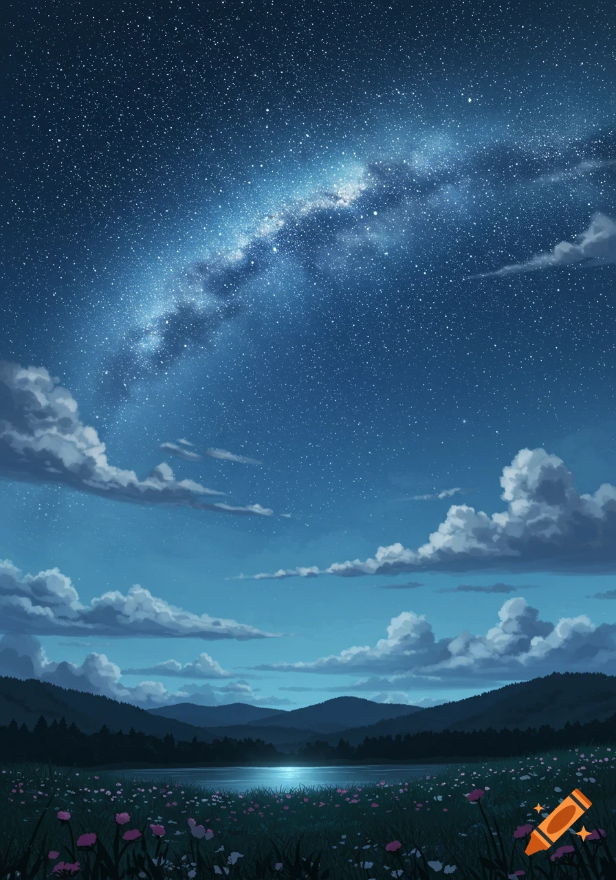 A vibrant starry night sky with the Milky Way visible over a moonlit lake, surrounded by distant mountains and a field of colorful wildflowers.