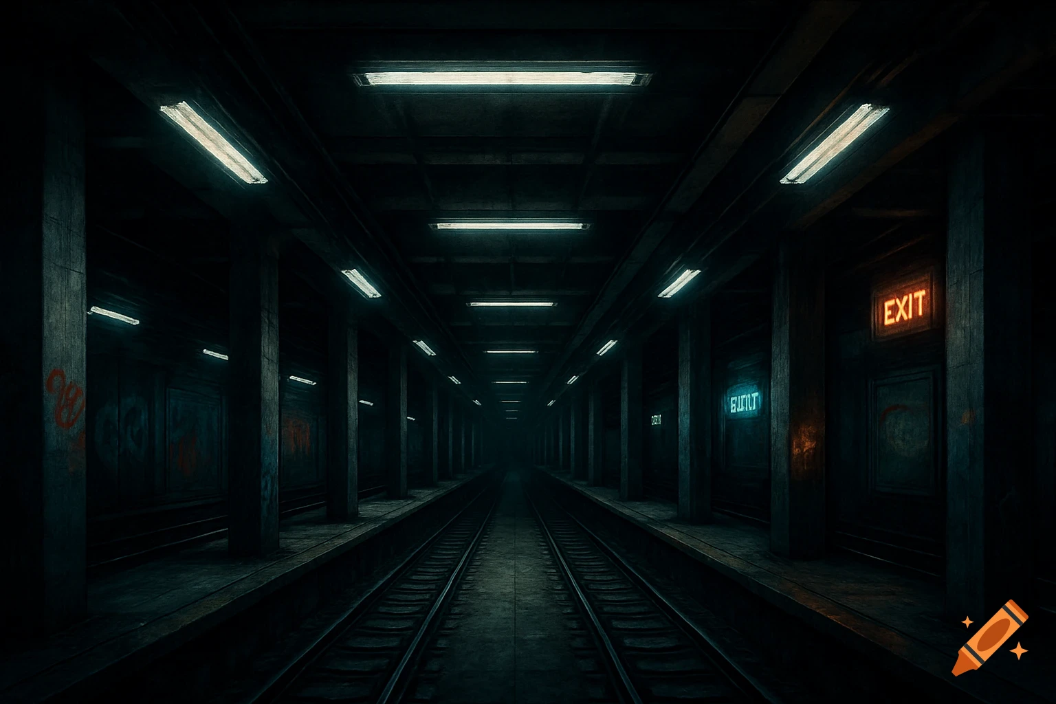 A dark, empty subway tunnel with tracks receding into the distance, lit by fluorescent lights and neon EXIT signs, evoking a dystopian mood.