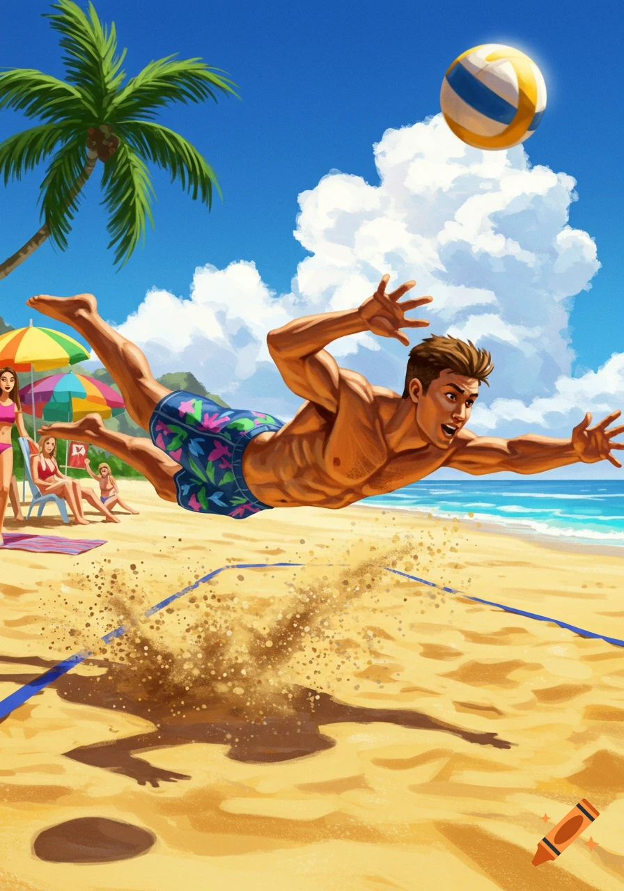 An illustrated man dives dramatically on a sunny beach to hit a volleyball over a net, with other beachgoers relaxing.