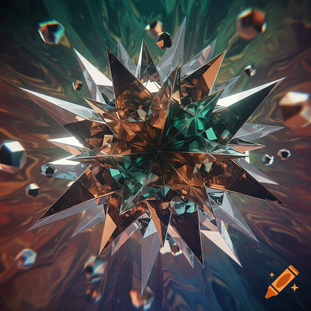A shimmering, multi-faceted geometric starburst crystal, with facets reflecting copper, green, and silver hues, against a swirling abstract background.