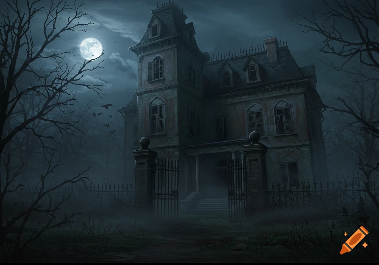 A spooky gothic mansion under a full moon, surrounded by bare trees and fog, depicted in a dark horror painting style.