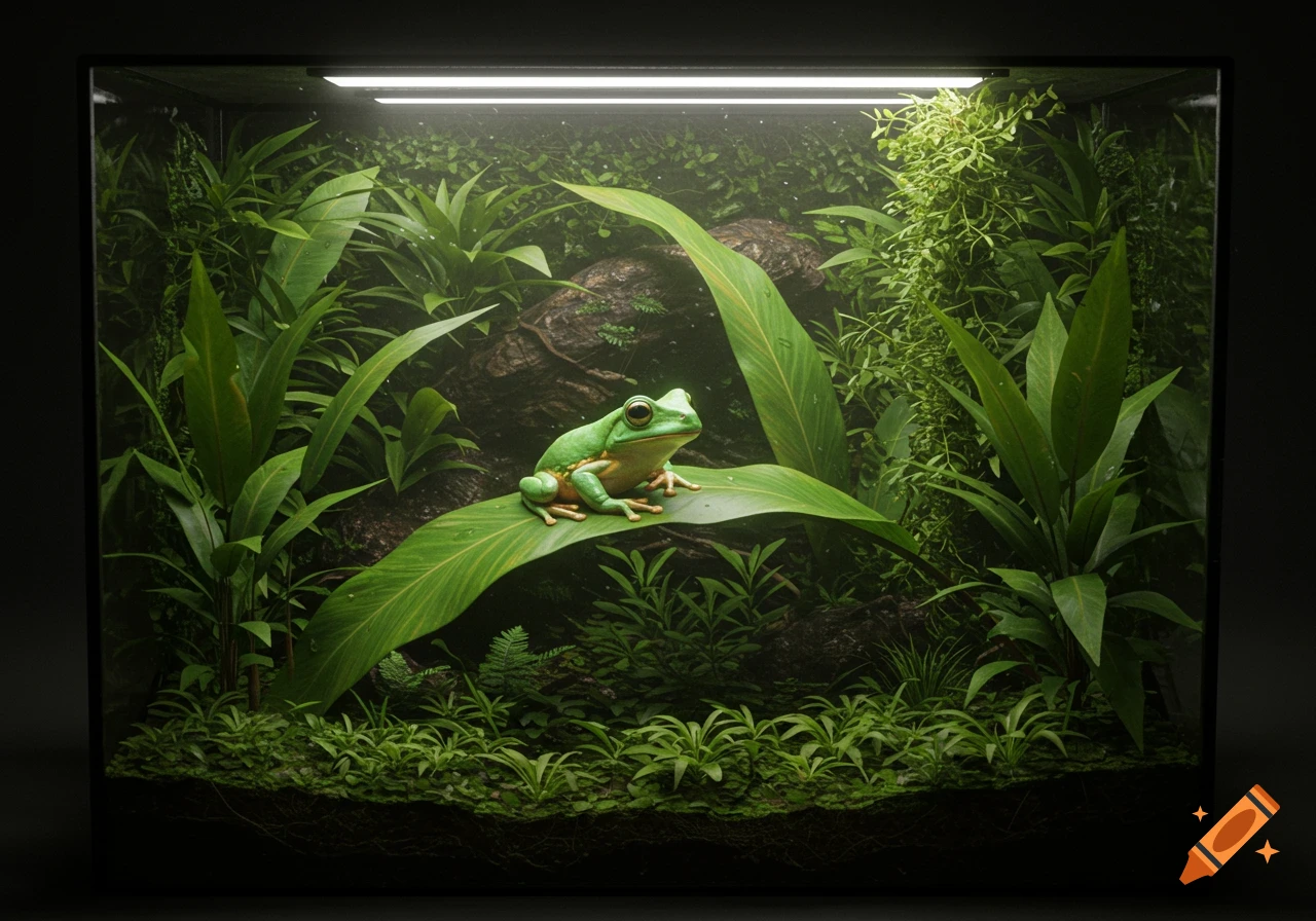 A photorealistic green tree frog sits on a large leaf in a well-lit, lush green terrarium with various plants.