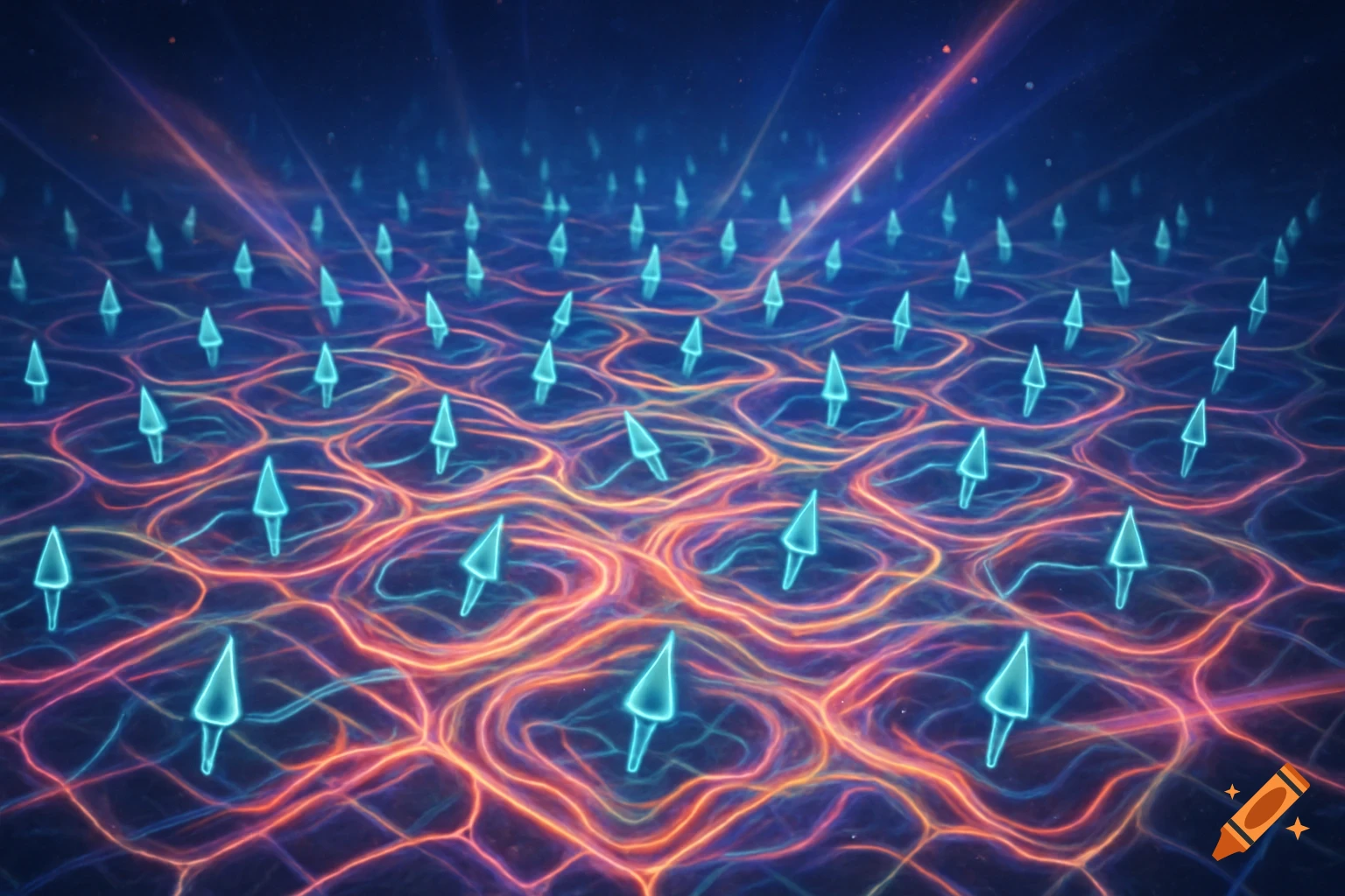 An abstract, glowing lattice of light blue conical spins connected by a complex network of orange and blue energy lines on a dark blue background.