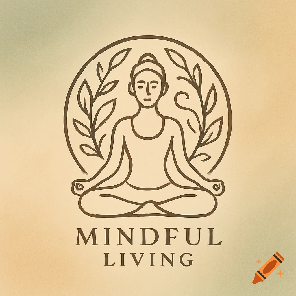 Minimalist line art logo of a meditating figure surrounded by leaves in a circle, with 'MINDFUL LIVING' text.