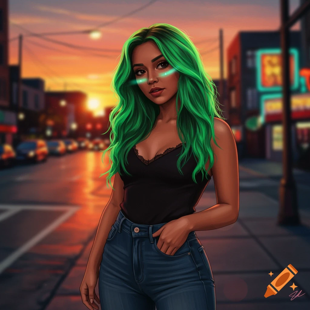 Stylized illustration of a woman with bright green hair and glowing blue face markings, wearing a black camisole and jeans, standing on a city street at sunset.