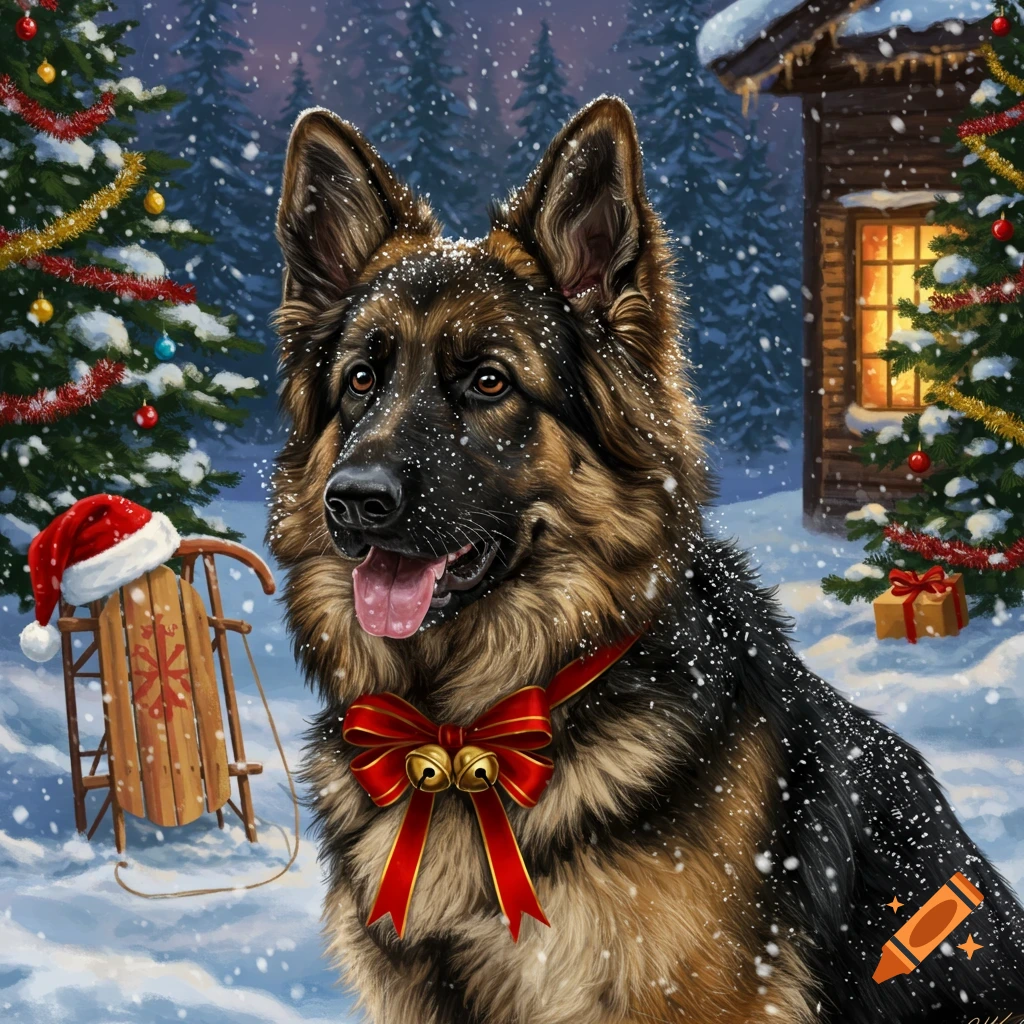 A German Shepherd wearing a red bow with bells, sitting in a snowy winter wonderland with decorated Christmas trees, a sled, and a cozy cabin.