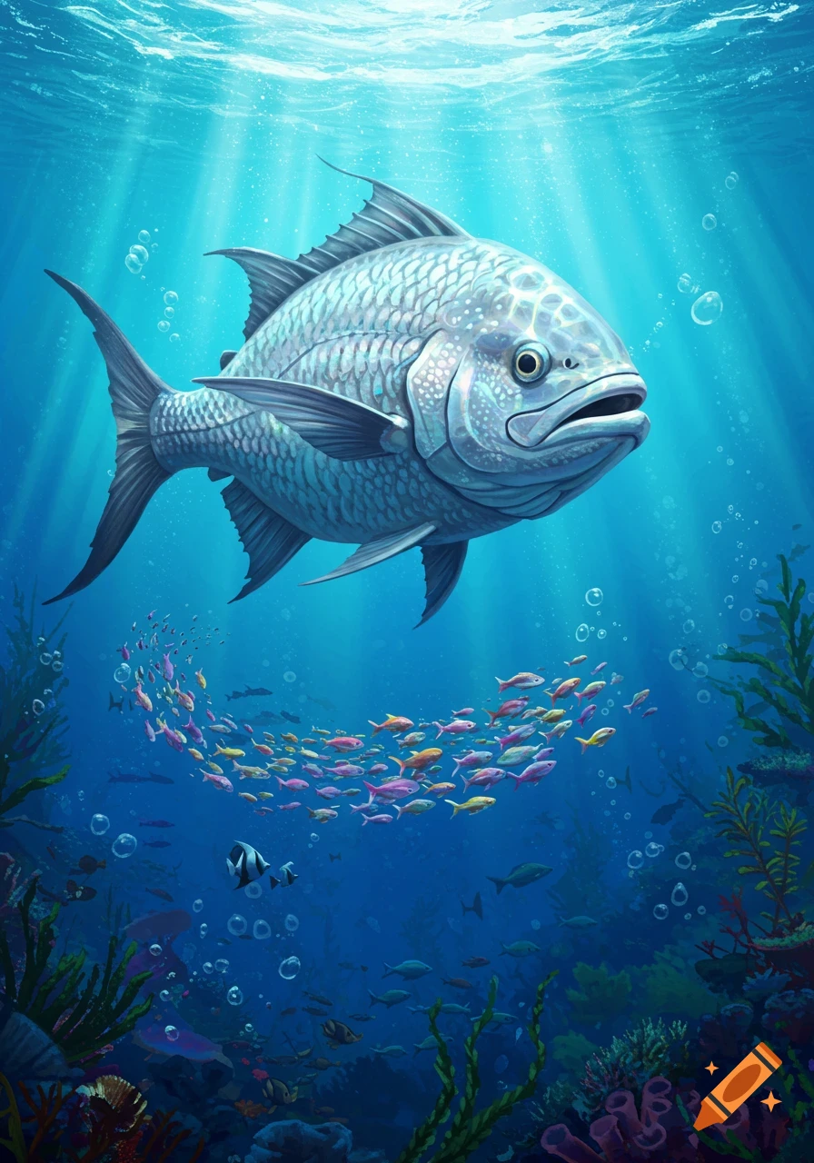 A large silver fish swims above a school of colorful small fish in a vibrant blue ocean, with sun rays from the surface.