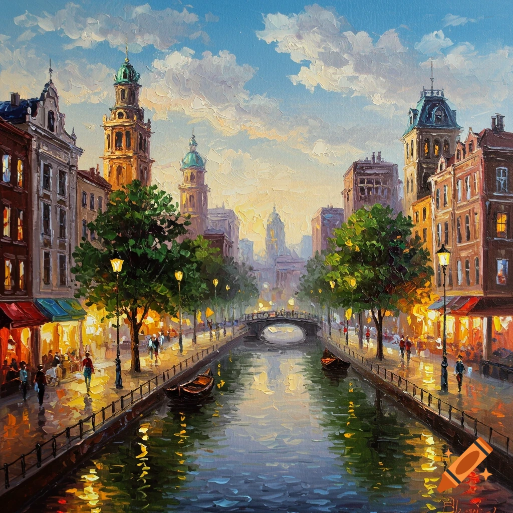 An oil painting of a vibrant European city canal at dusk, with illuminated buildings, streetlights, and boats on the water.
