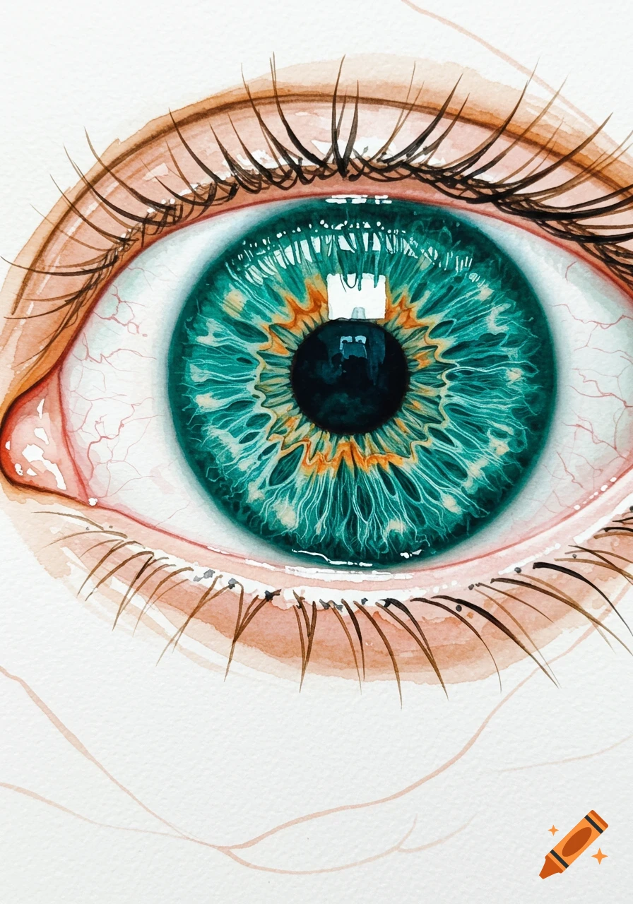 Close-up watercolor illustration of a human eye with a vibrant teal and gold iris.