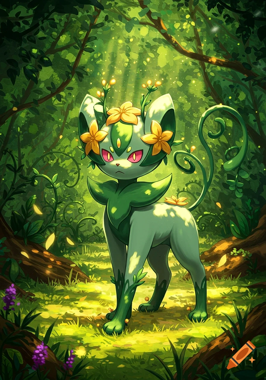 A green, plant-like feline Pokemon, resembling Meowscarada, with yellow flowers and red eyes, stands in a vibrant, sun-dappled forest.