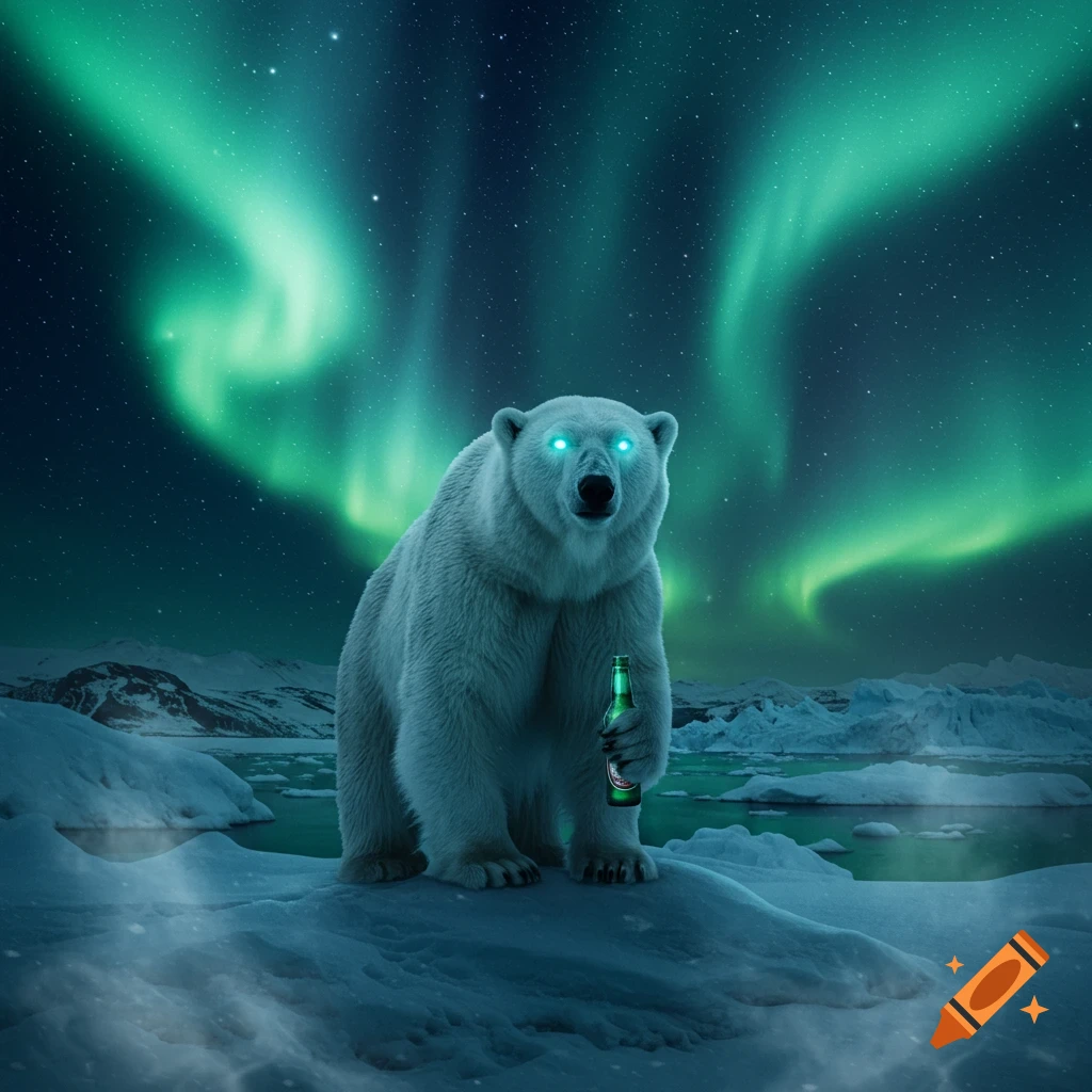 A polar bear with glowing eyes holds a beer bottle on an icy landscape under vibrant green Northern Lights.
