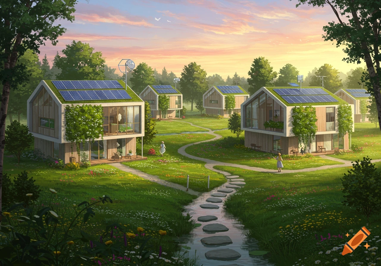 An idyllic illustration of an eco-friendly community with houses, solar panels, green roofs, lush nature, winding paths, and a stream at sunset.