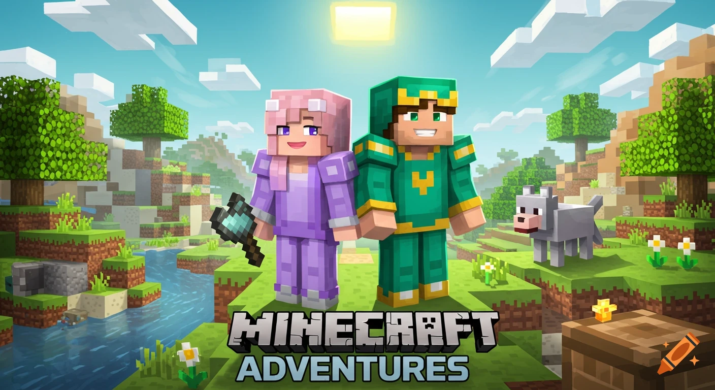 Two blocky Minecraft characters, a male and female, stand in a colorful blocky landscape with a wolf, text reads 'MINECRAFT ADVENTURES'.