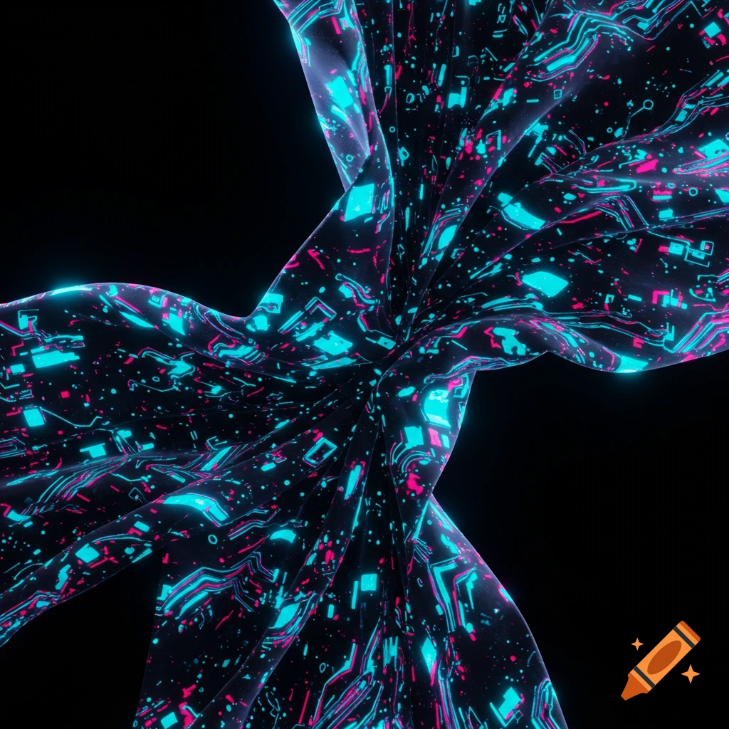 Abstract digital fabric with glowing cyan and pink circuit board patterns against a black background.