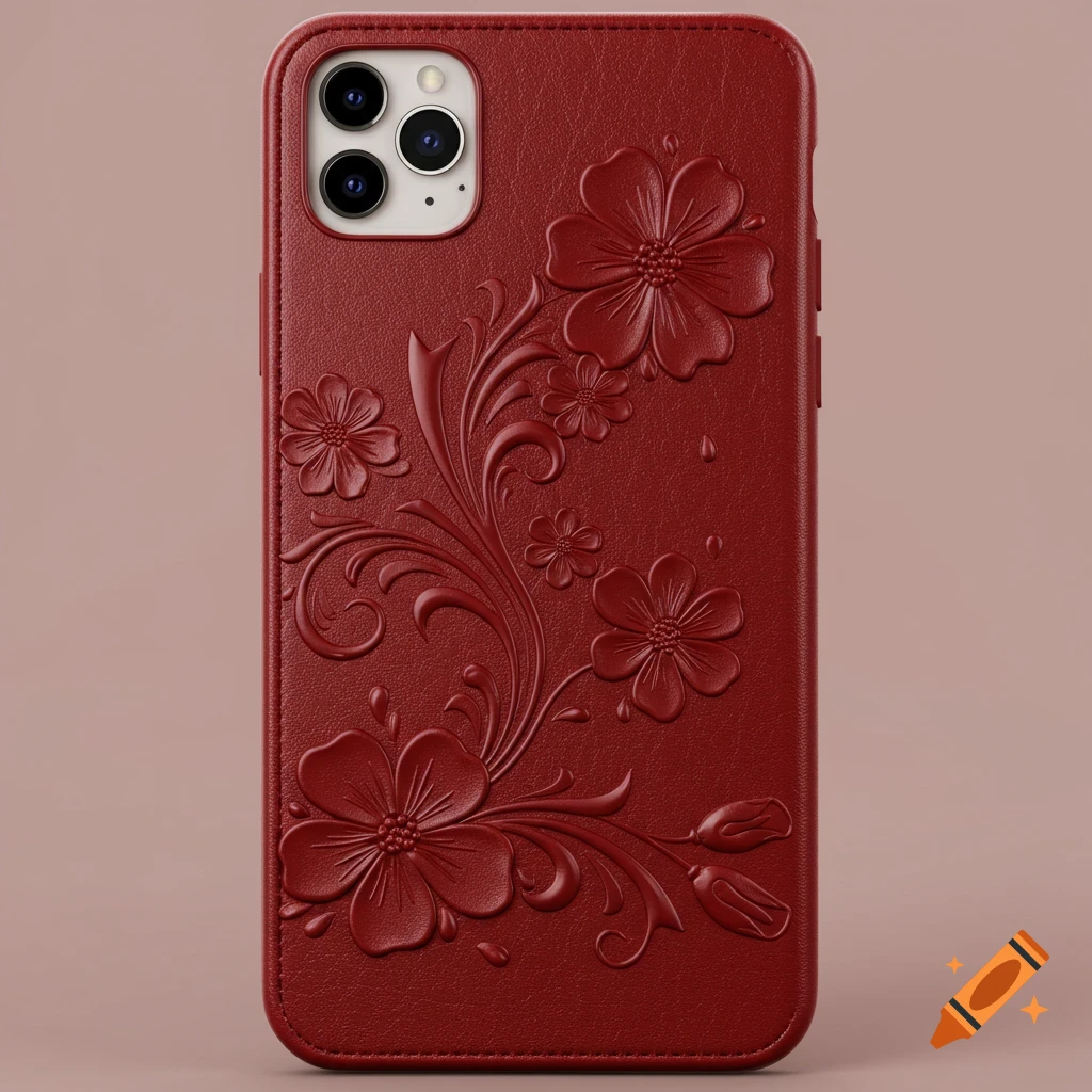 Crimson red leather iPhone case with intricate embossed floral patterns.