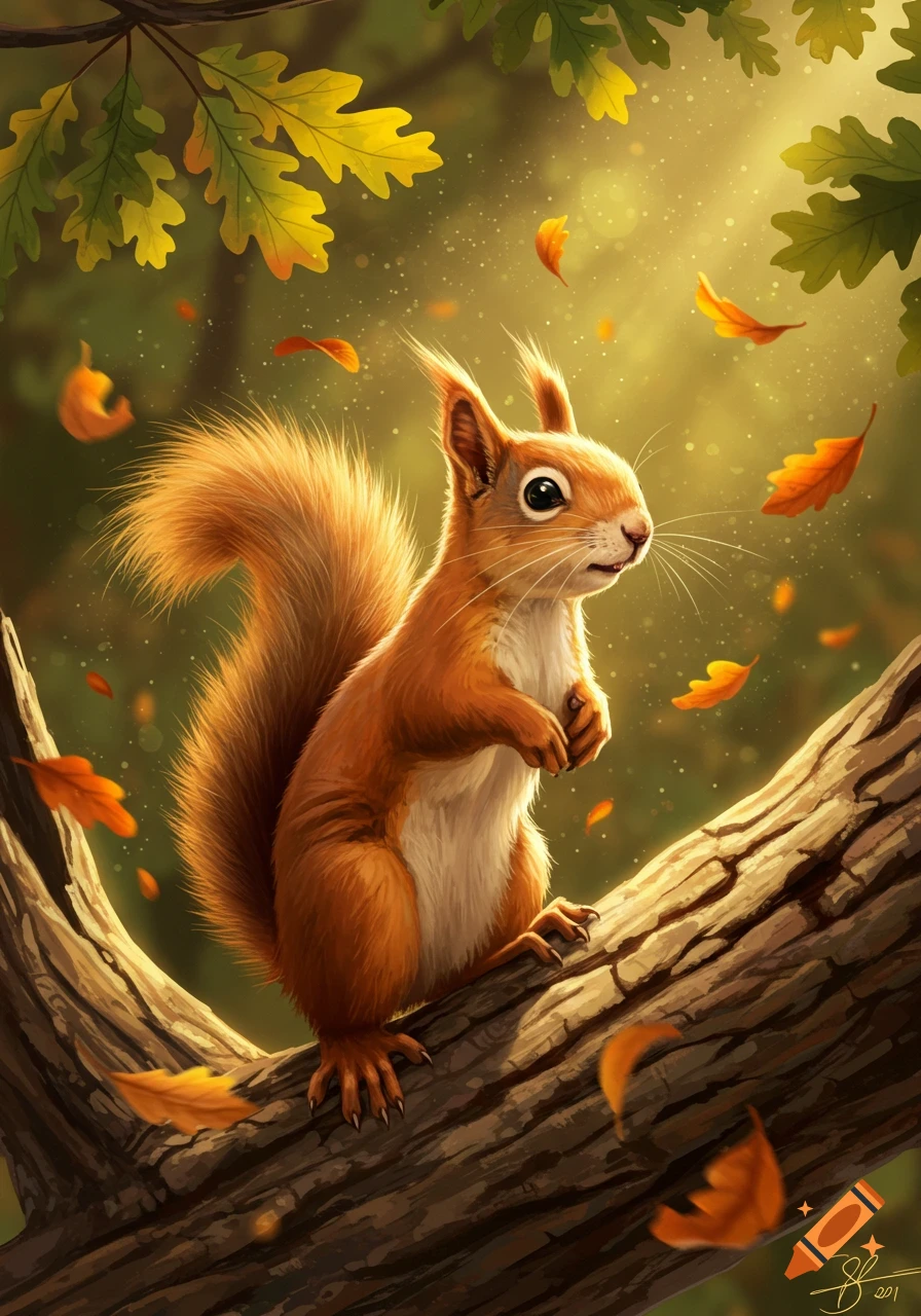 Digital illustration of a fluffy brown squirrel on a tree branch with falling autumn leaves in a sunlit forest.