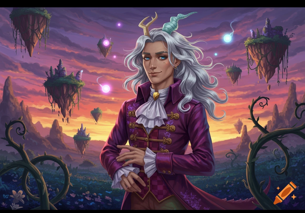 A fantasy character with white hair, horns, and a purple ruffled jacket stands in a magical landscape with floating islands at sunset.