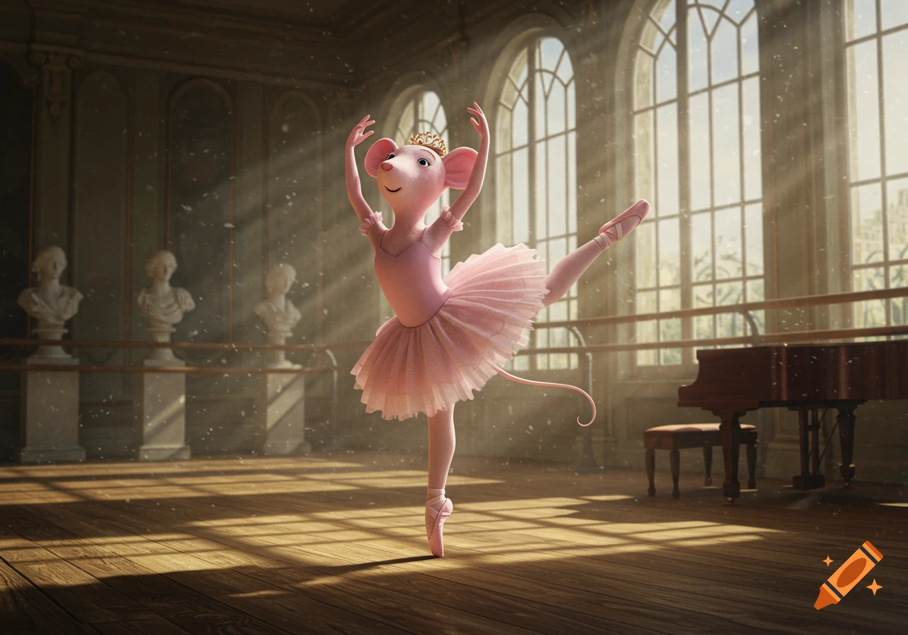 A pink animated mouse wearing a tiara and a pink tutu performs ballet in a grand sunlit dance studio with large windows and statues.