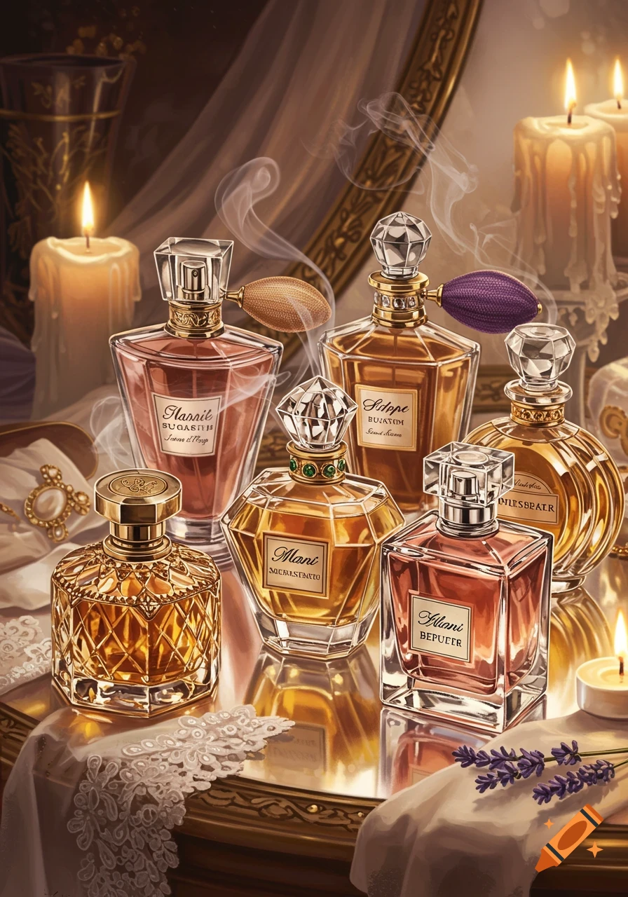 Several ornate perfume bottles with sparkling caps and golden details, surrounded by lit candles and white lace, on a reflective gold tray.
