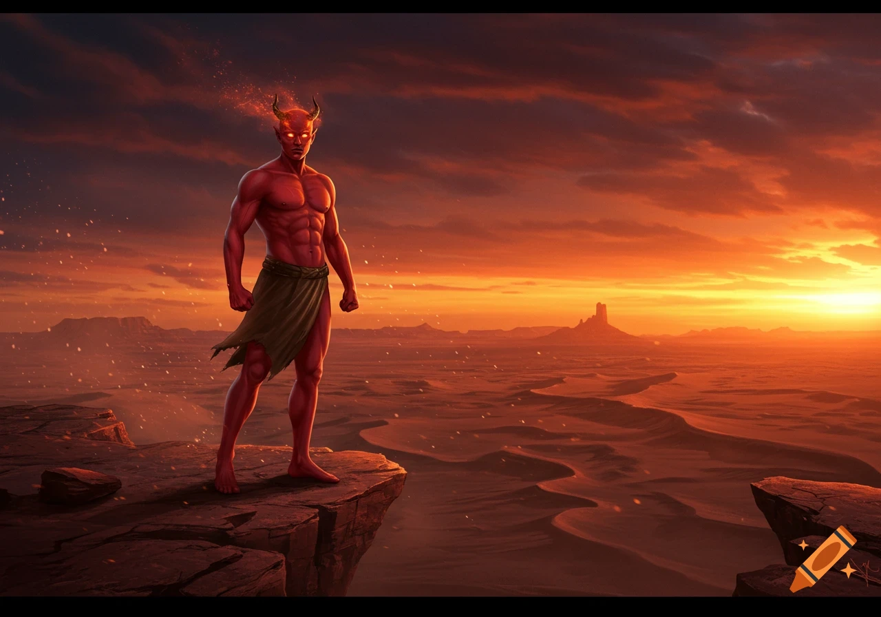 Muscular red-skinned demon with horns and glowing eyes stands on a cliff overlooking a fiery desert sunset.