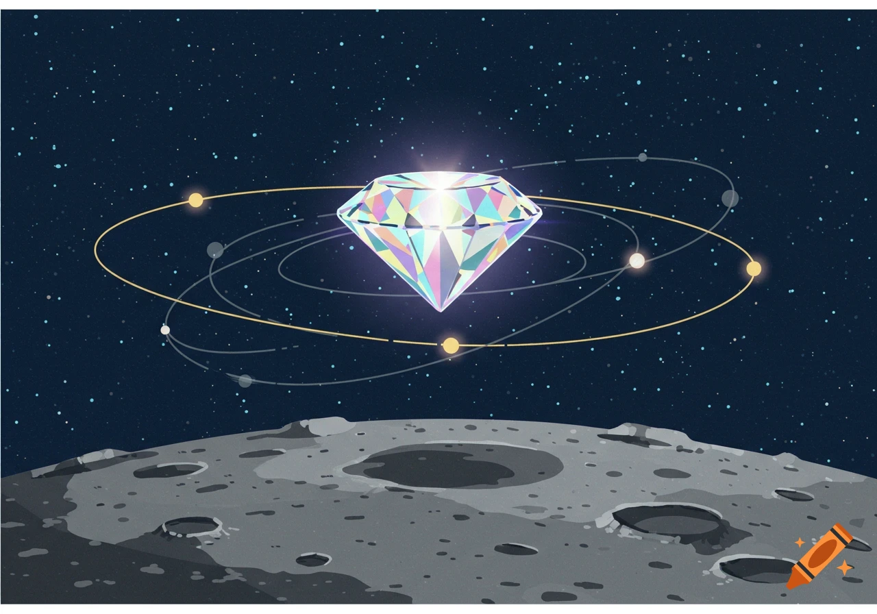 A vibrant, faceted diamond floats above a cratered moon with glowing orbital lines and stars against a dark blue background.