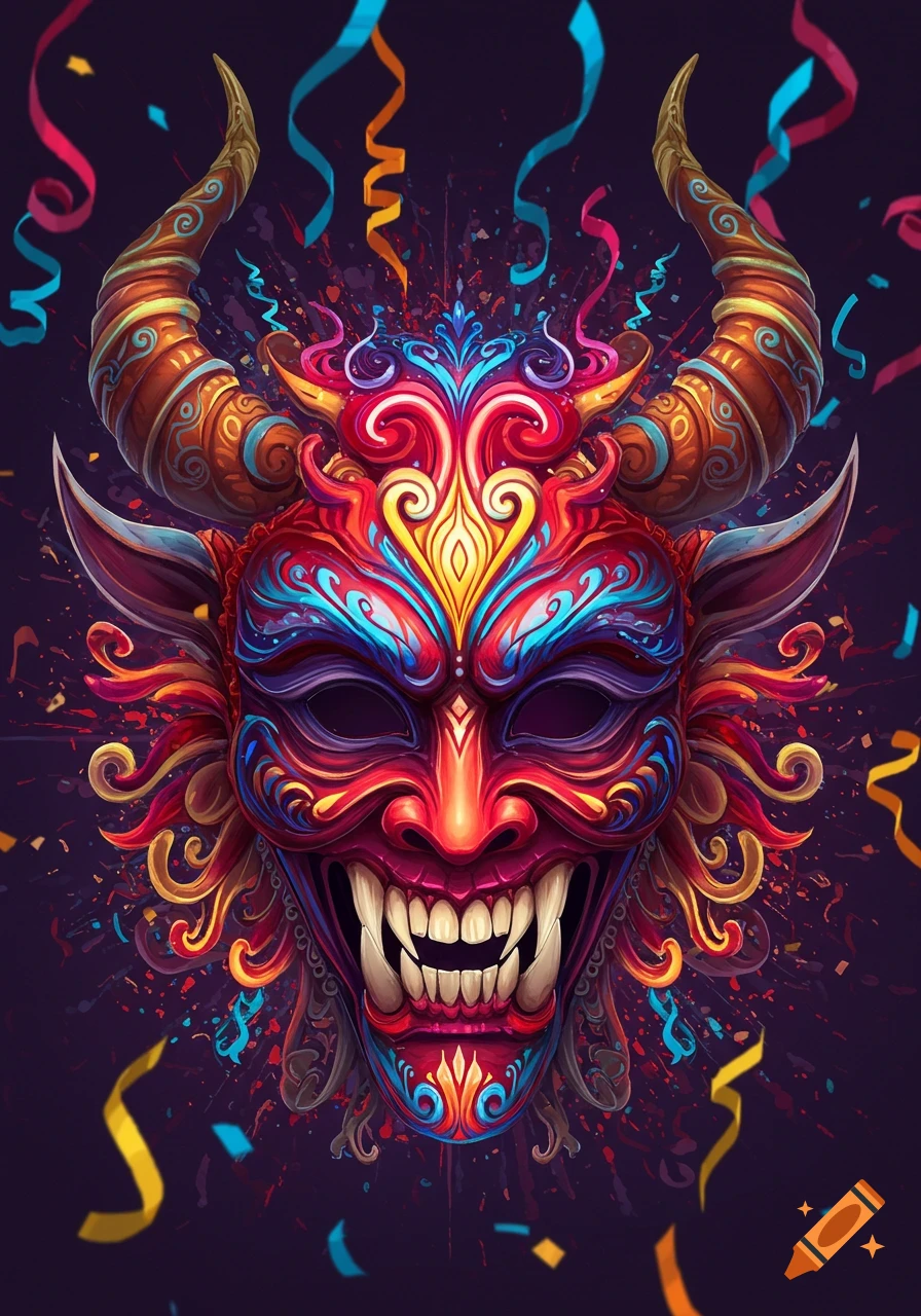 A vibrant, ornate Vejigante mask with horns and fangs, detailed with colorful patterns, against a dark background with confetti.