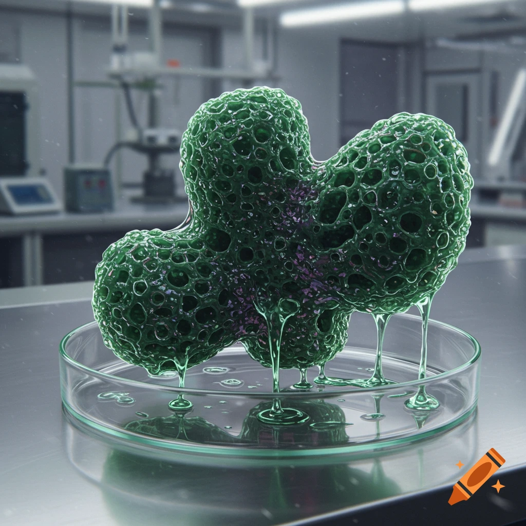 A green, porous alien organism drips slime into a petri dish in a sterile laboratory setting.