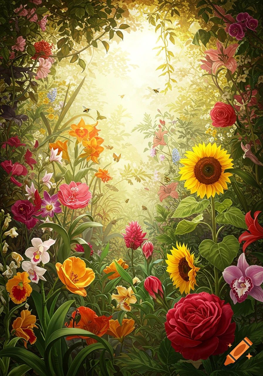 A vibrant, lush garden filled with various colorful flowers like roses, sunflowers, orchids, and lilies, with bees and butterflies.