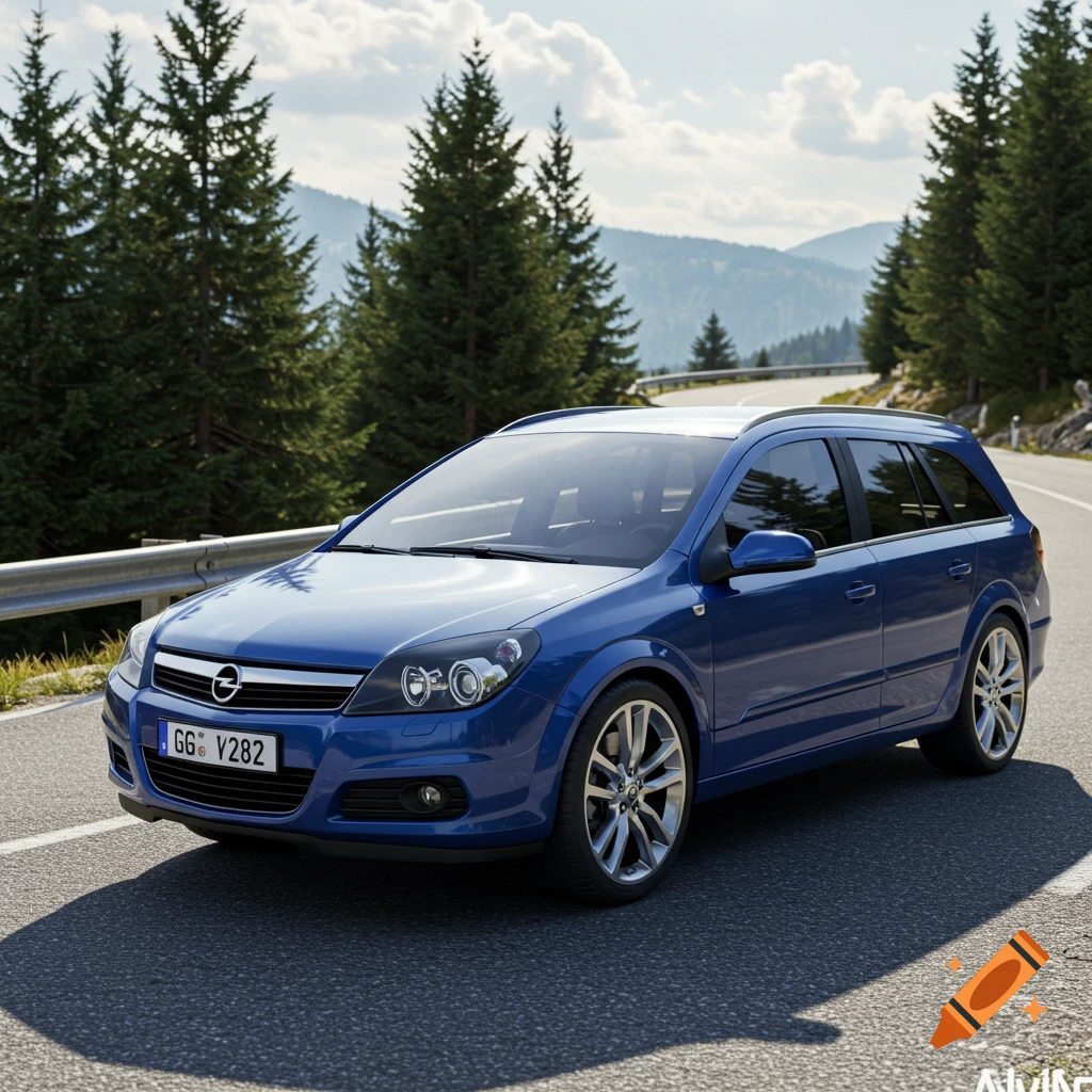 Photorealistic blue Opel Astra station wagon driving on a winding mountain road with pine trees and hills under a partly cloudy sky.